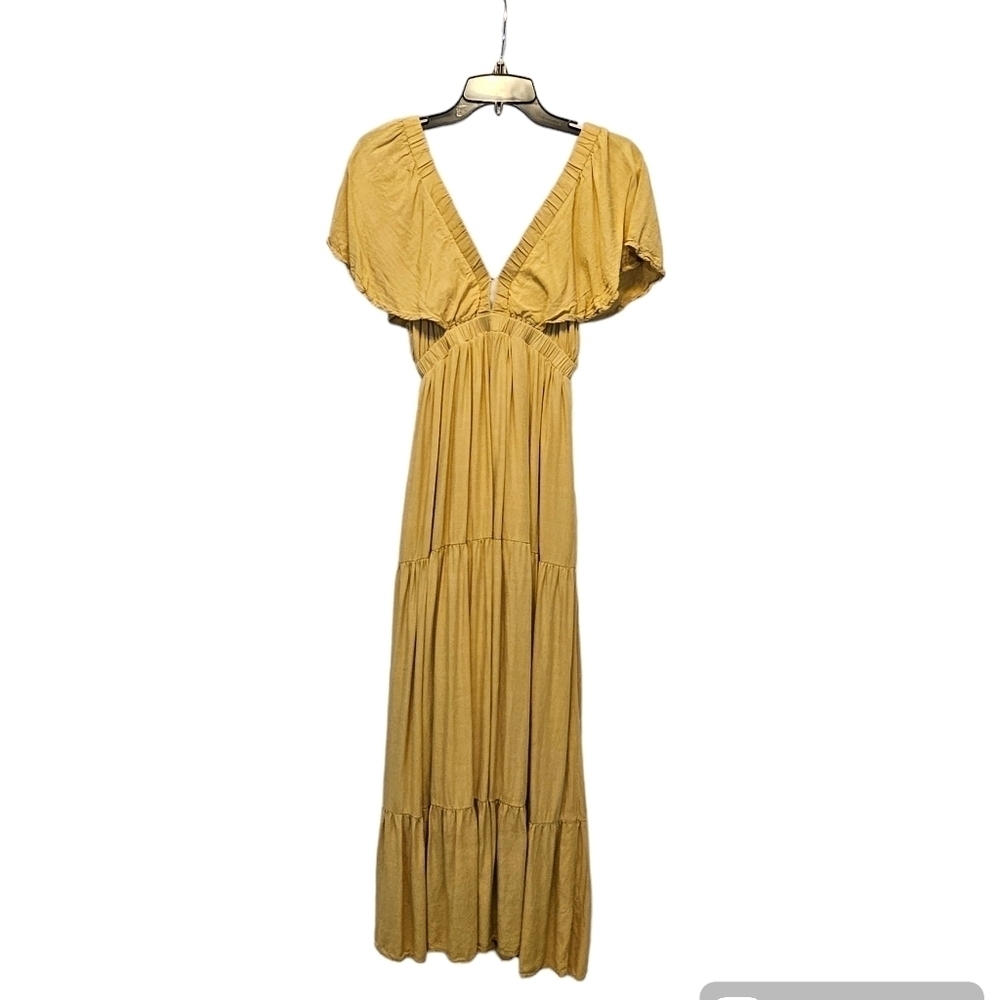 Wishlist Apparel Mustard Deep V-neck 100% Rayon Tiered Swing Maxi Dress Size S - Picture 6 of 14